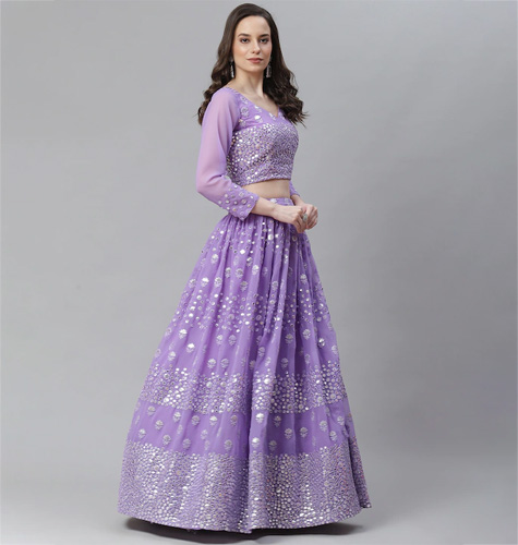 Violet Thread Work Semi-Stitched Lehenga & Blouse With Dupatta
